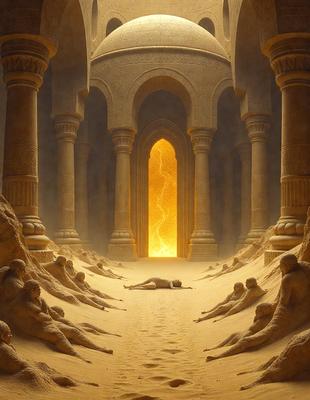 The primary subject of the image is a person lying on the ground in a sandy area. The setting is a large, open space with a stone building in the background. The visual style appears to be a combination of digital art and illustration, creating a surreal and dramatic atmosphere. The colors are predominantly earth tones, with the sandy ground and the stone building contributing to the overall mood of the scene.